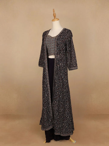 Dark Purple Floral Designed Georgette Palazzo Suit - Diadem