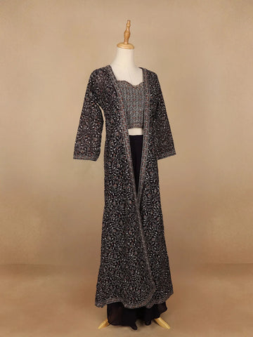 Dark Purple Floral Designed Georgette Palazzo Suit - Diadem