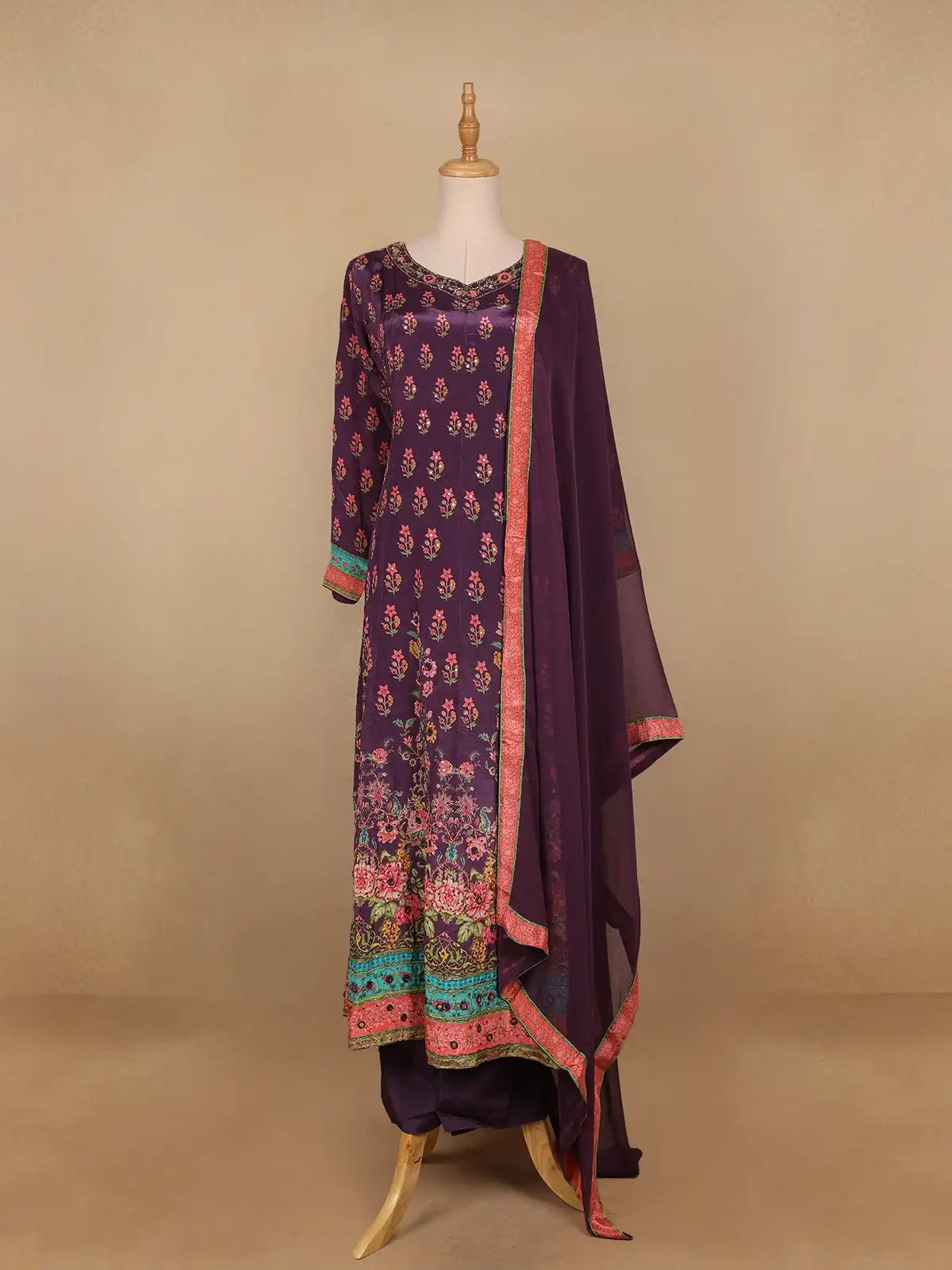 Dark Purple Floral Designed Semi Silk Straight Cut Salwar Suit - Diadem