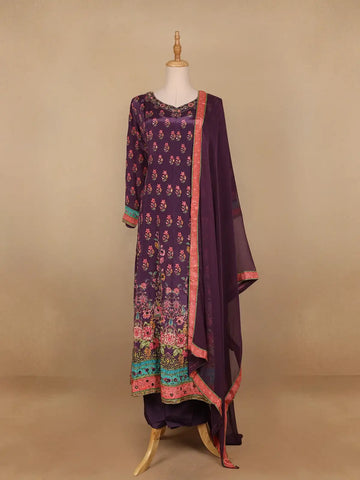 Dark Purple Floral Designed Semi Silk Straight Cut Salwar Suit - Diadem