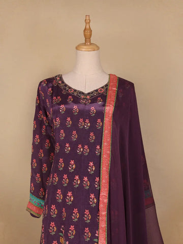 Dark Purple Floral Designed Semi Silk Straight Cut Salwar Suit - Diadem