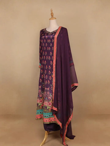 Dark Purple Floral Designed Semi Silk Straight Cut Salwar Suit - Diadem