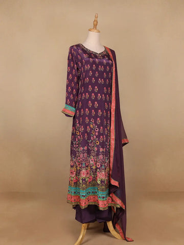Dark Purple Floral Designed Semi Silk Straight Cut Salwar Suit - Diadem