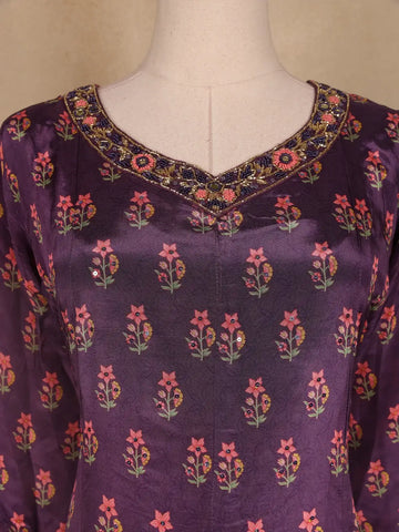 Dark Purple Floral Designed Semi Silk Straight Cut Salwar Suit - Diadem