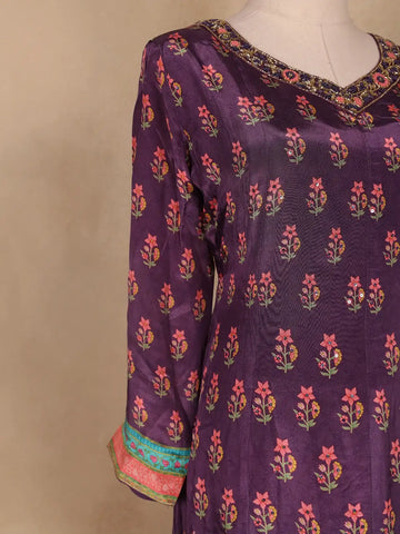 Dark Purple Floral Designed Semi Silk Straight Cut Salwar Suit - Diadem