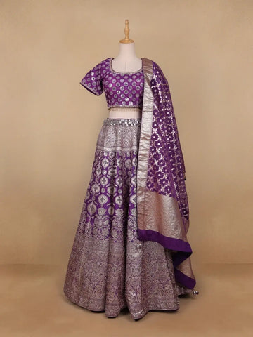 Dark Purple Floral Embroidered Banarasi Silk Lehenga for Bridesmaid - Diadem
