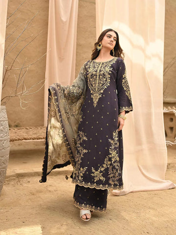 Dark Purple Floral Embroidered Crepe Palazzo Salwar Suit for Women - Diadem