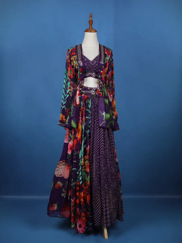 Dark Purple Floral Printed Chifforn Lehenga - Diadem