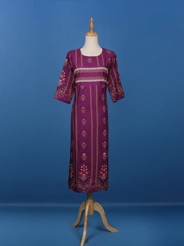Dark Purple Floral Printed Semi Silk Kurti - Diadem