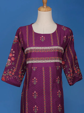 Dark Purple Floral Printed Semi Silk Kurti - Diadem