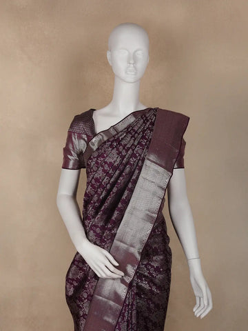 Dark Purple Floral Woven Pure Kanchipuram Silk Saree - Diadem