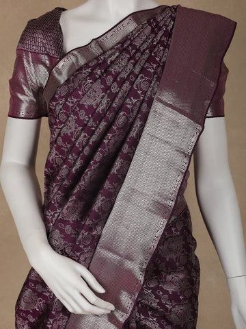 Dark Purple Floral Woven Pure Kanchipuram Silk Saree - Diadem