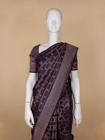 Dark Purple Floral Woven Pure Kanchipuram Silk Saree - Diadem