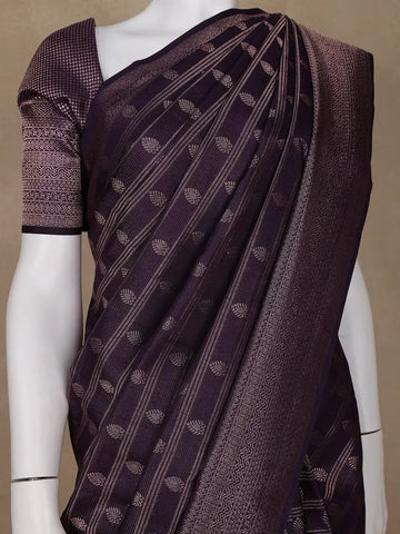 Dark Purple Floral Woven Pure Kanchipuram Silk Saree - Diadem