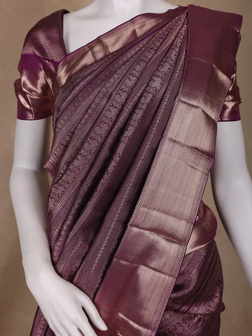 Dark Purple Floral and Peacock Woven Pure Kanchipuram Silk Saree - Diadem