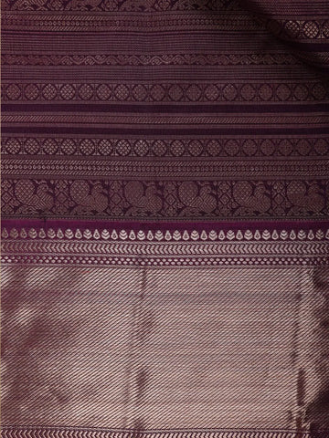 Dark Purple Floral and Peacock Woven Pure Kanchipuram Silk Saree - Diadem