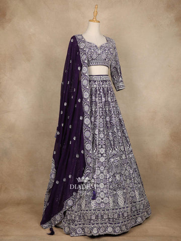 Dark Purple Net Floral Designed Party Wear Lehenga - Diadem