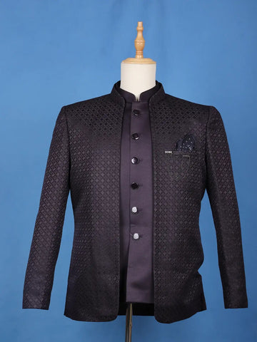 Dark Purple Textured Jacquard Men's Suit with Metallic Chain Brooch - Diadem