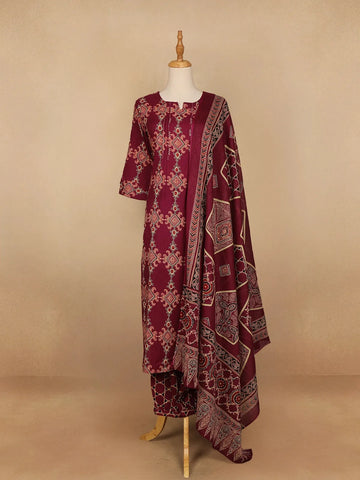 Dark Red Floral Designed Cotton Straight Cut Salwar Suit - Diadem