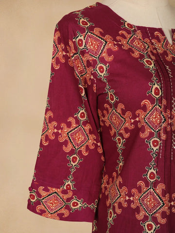 Dark Red Floral Designed Cotton Straight Cut Salwar Suit - Diadem