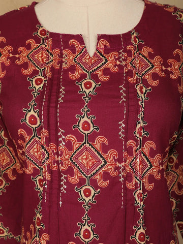Dark Red Floral Designed Cotton Straight Cut Salwar Suit - Diadem
