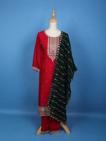 Dark Red Floral Designed Crepe Salwar Suit - Diadem