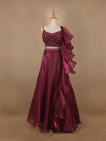 Dark Red Floral Designed Organza Bridesmaid Lehenga - Diadem