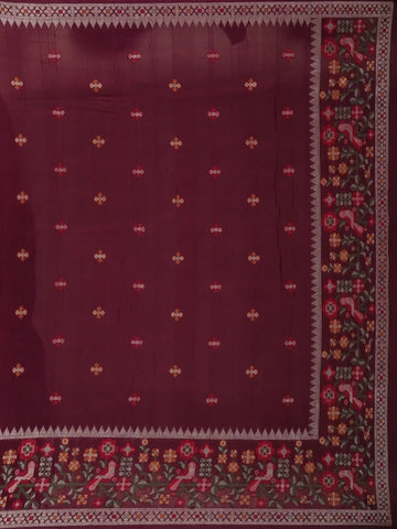 Dark Red Floral Designed Raw Silk Saree - Diadem