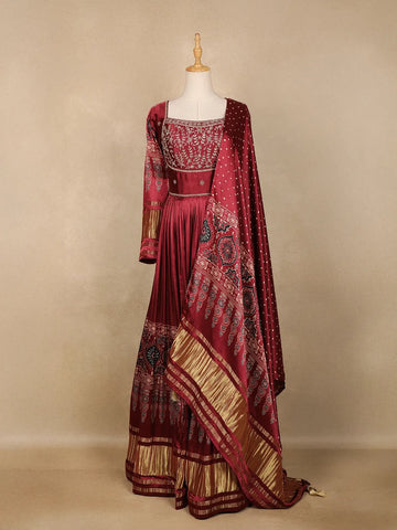 Dark Red Floral Designed Semi Silk Gown - Diadem