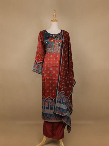 Dark Red Floral Designed Semi Silk Salwar Suit - Diadem