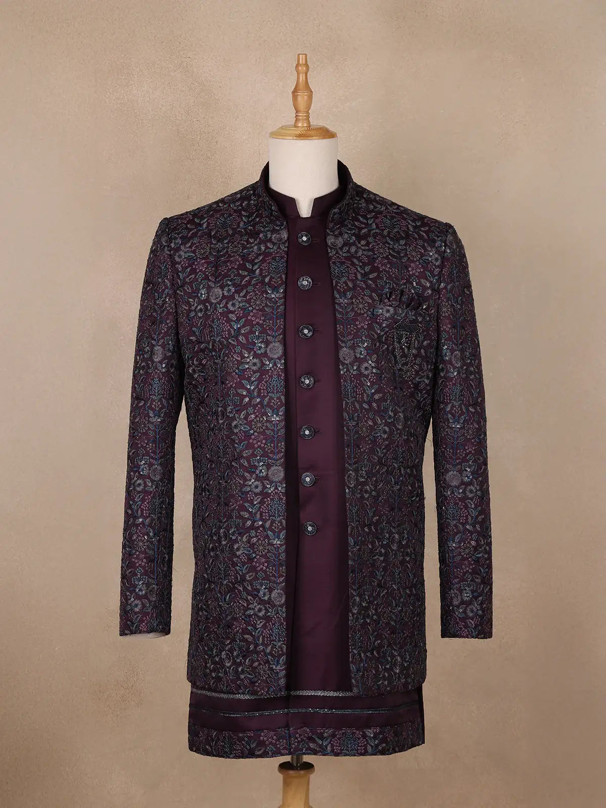 Dark Red Floral Designed Sherwani Suit for Reception - Diadem