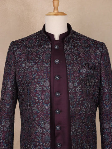Dark Red Floral Designed Sherwani Suit for Reception - Diadem