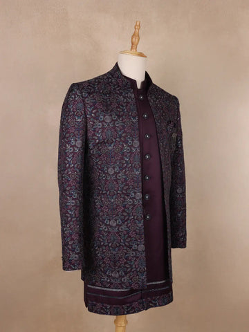 Dark Red Floral Designed Sherwani Suit for Reception - Diadem