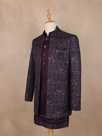 Dark Red Floral Designed Sherwani Suit for Reception - Diadem