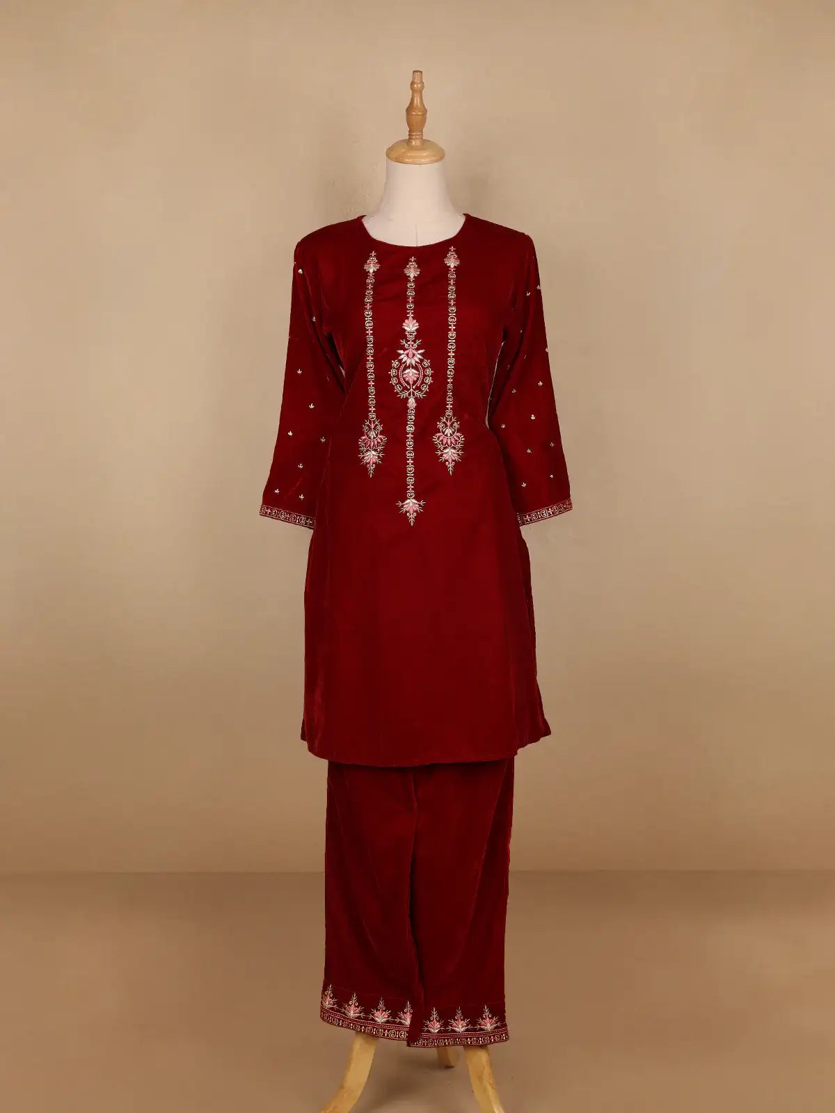 Dark Red Floral Designed Velvet Co Ord Salwar Suit - Diadem