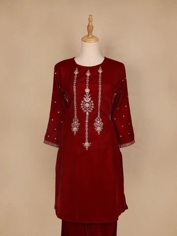 Dark Red Floral Designed Velvet Co Ord Salwar Suit - Diadem