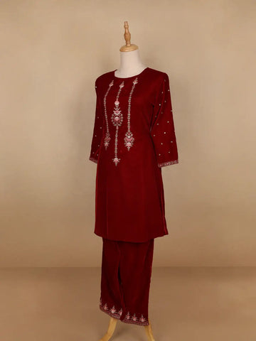 Dark Red Floral Designed Velvet Co Ord Salwar Suit - Diadem