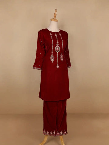 Dark Red Floral Designed Velvet Co Ord Salwar Suit - Diadem