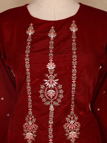 Dark Red Floral Designed Velvet Co Ord Salwar Suit - Diadem