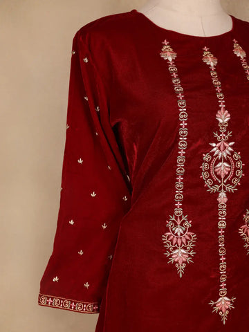 Dark Red Floral Designed Velvet Co Ord Salwar Suit - Diadem