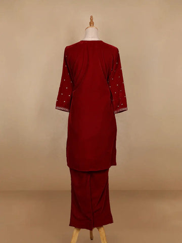 Dark Red Floral Designed Velvet Co Ord Salwar Suit - Diadem
