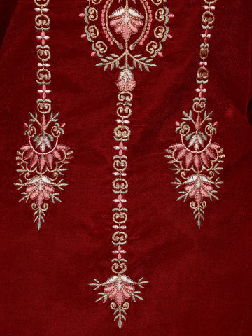 Dark Red Floral Designed Velvet Co Ord Salwar Suit - Diadem