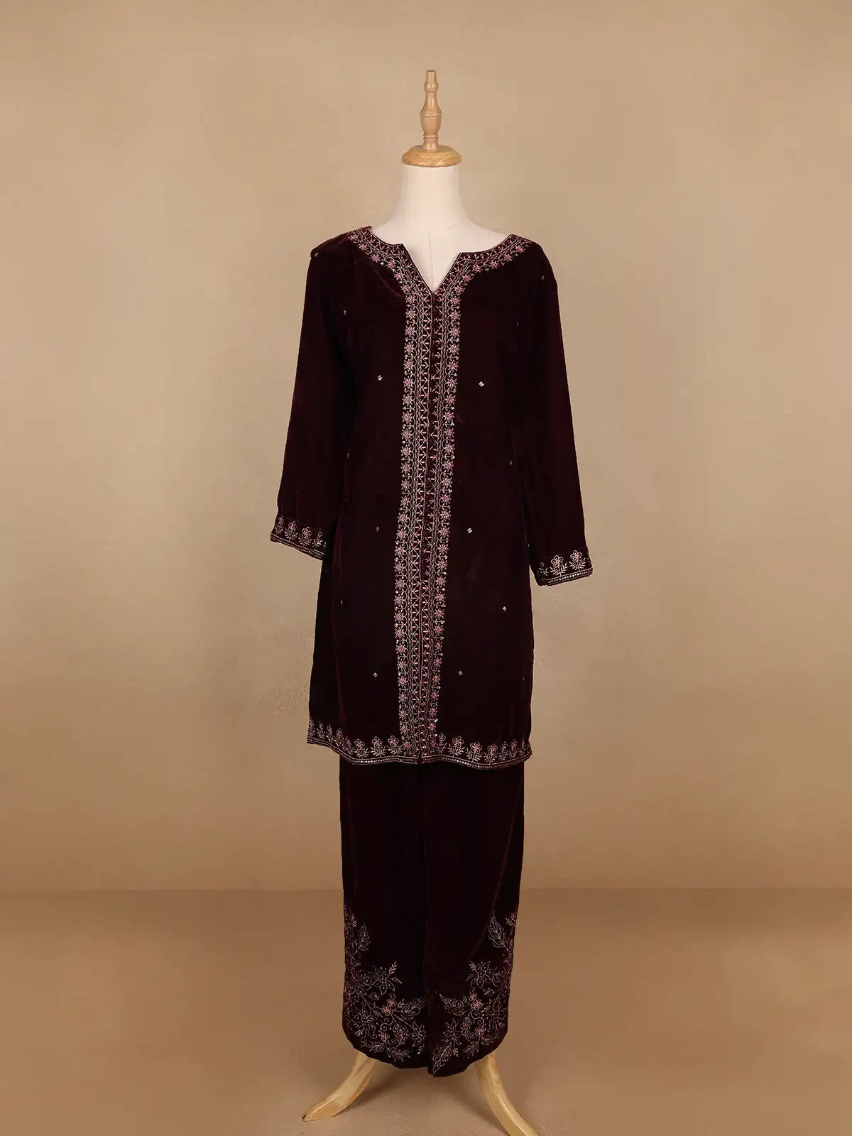 Dark Red Floral Designed Velvet Co Ord Salwar Suit - Diadem