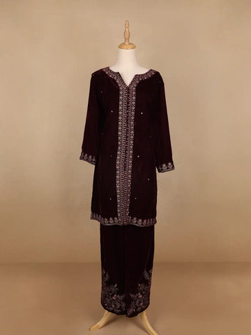Dark Red Floral Designed Velvet Co Ord Salwar Suit - Diadem