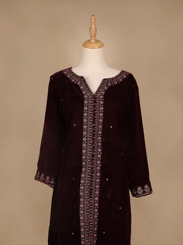 Dark Red Floral Designed Velvet Co Ord Salwar Suit - Diadem