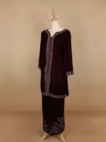 Dark Red Floral Designed Velvet Co Ord Salwar Suit - Diadem