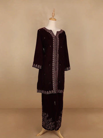 Dark Red Floral Designed Velvet Co Ord Salwar Suit - Diadem