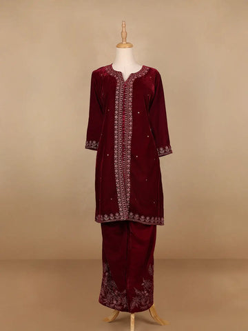 Dark Red Floral Designed Velvet Co Ord Salwar Suit - Diadem