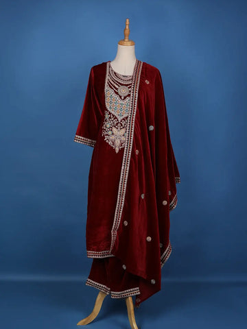 Dark Red Floral Designed Velvet Salwar Suit - Diadem