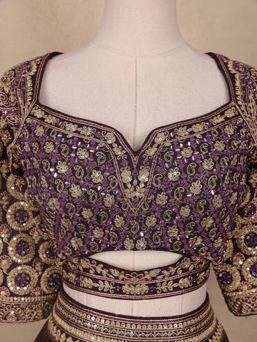 Dark Red Floral Embroidered Semi Silk Lehenga for Brides - Diadem